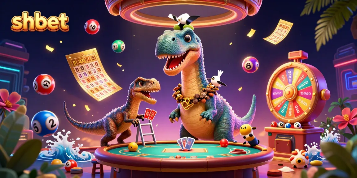 Engage with shbet's colorful casino scene featuring a brontosaurus and a raptor in action.