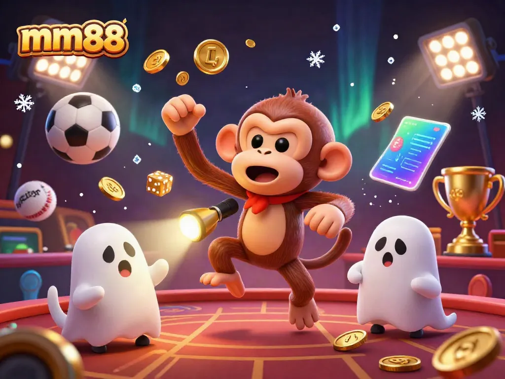 Experience the thrill of mm88 as a playful poltergeist monkey juggles treasures in a haunted casino.