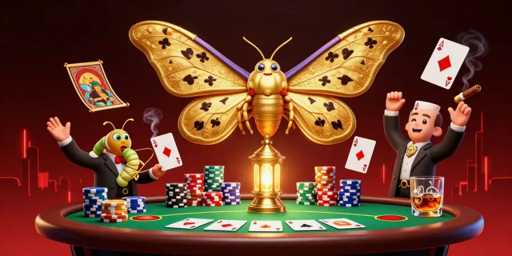 Engage with 8KBET's vibrant casino scene showcasing a fantasy moth and poker elements.