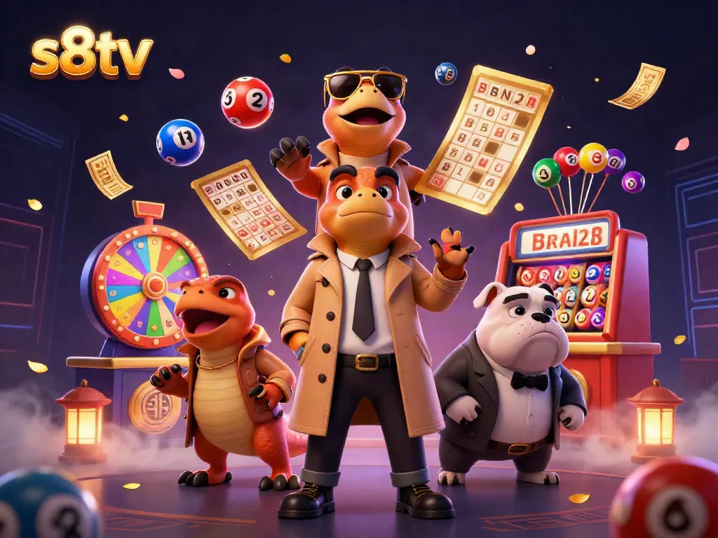 Experience excitement at s8tv with playful raptors trying to enter a VIP casino while colorful lottery elements surround them.