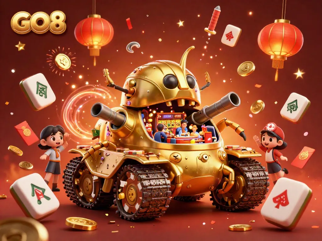 Experience thrilling gameplay at GO8 with an engaging 3D casino illustration showcasing vibrant game elements and golden motifs.