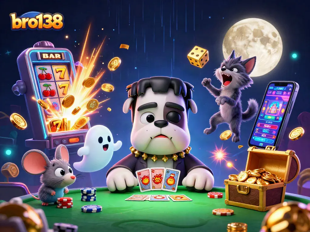 Engage in excitement at bro138's casino with a thrilling 3D illustration of unique characters playing cards and more.