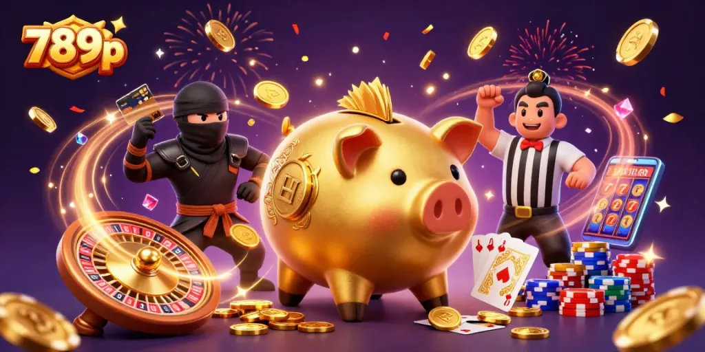 Experience the thrill of 789p with a fierce piggy bank sumo wrestler dominating the casino scene.