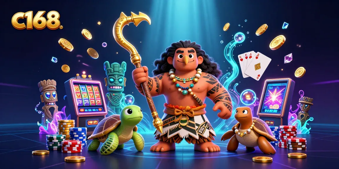 Enticing c168 casino scene featuring a tribal demigod and turtle amidst slot reels and sparkling gems.