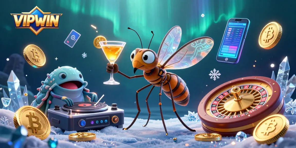 Experience the lively VIPWIN casino with a frozen mosquito mascot and vibrant crypto elements.