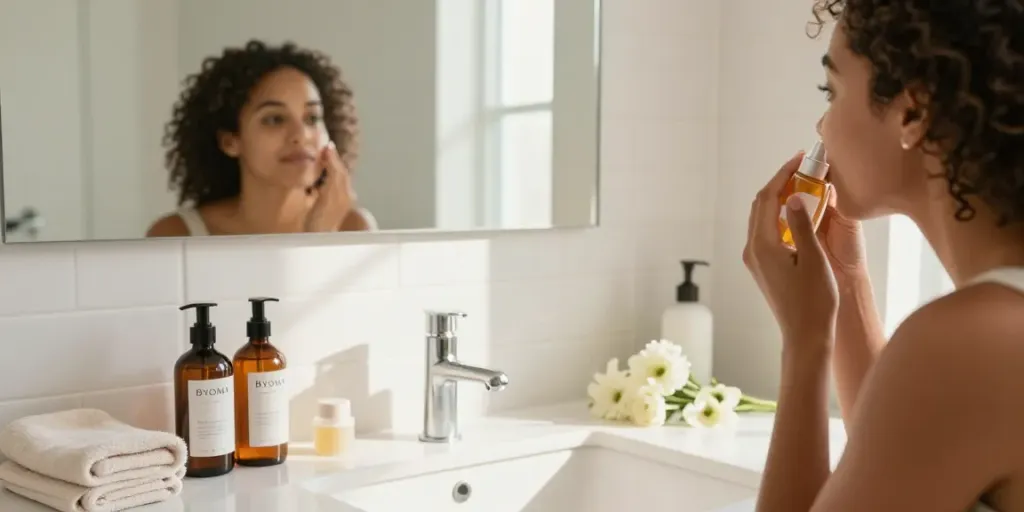 Een vrouw breng Byoma milky toner aan in een frisse badkamer, omringd door luxe huidverzorgingsproducten.