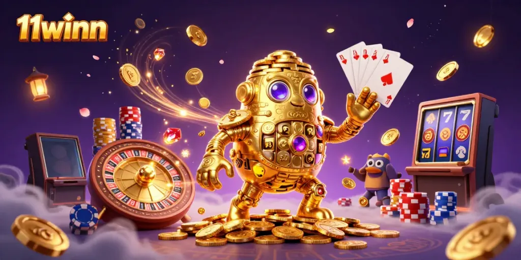 Engage in thrilling gambling adventures with 11winn's golden golem amidst dynamic casino elements.