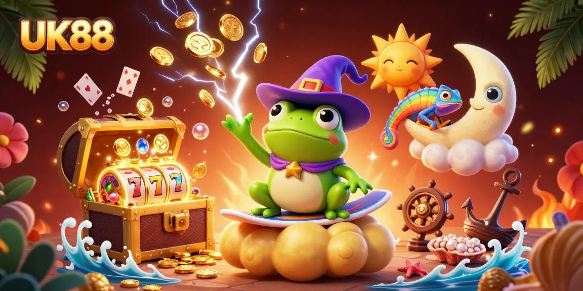 Experience UK88's lively casino scene with characters amidst golden slots and magical elements.