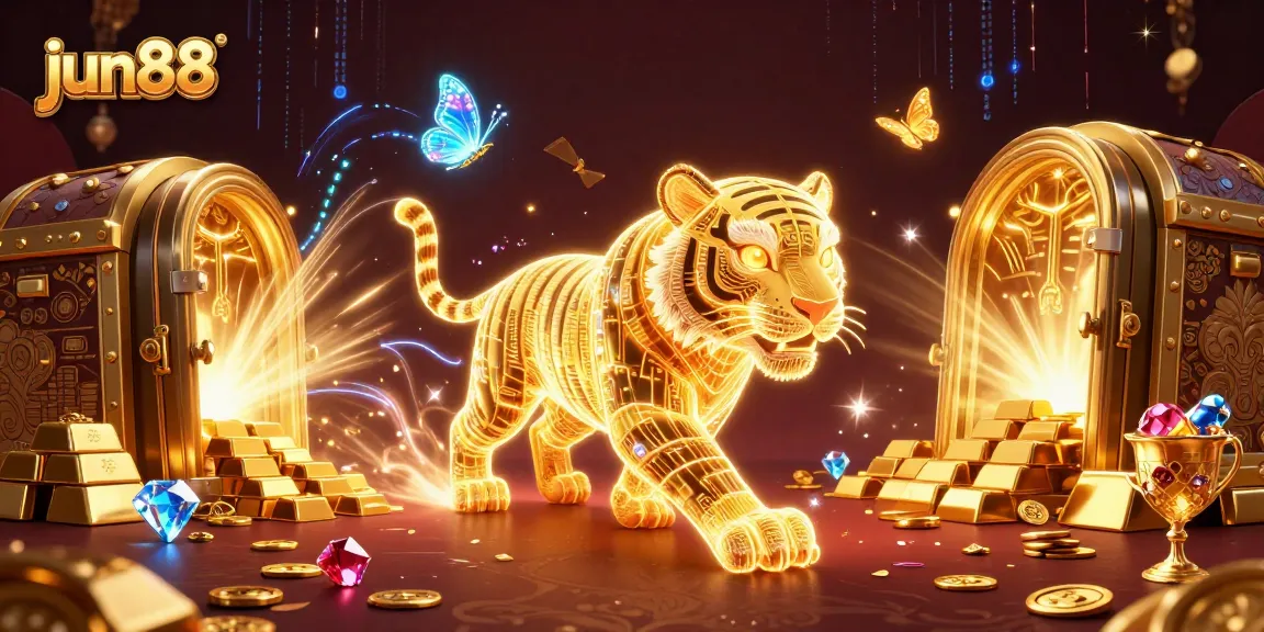 Experience thrilling gameplay at jun88 with a glowing golden tiger in a vibrant casino.