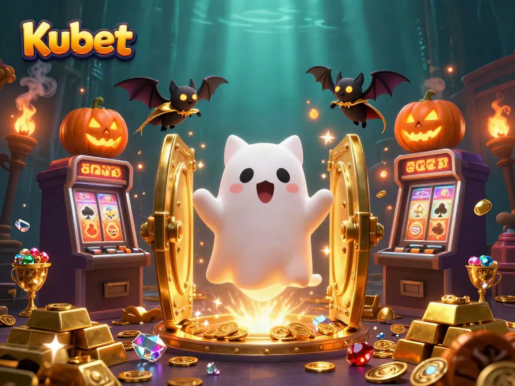 Engage in thrilling gameplay with Kubet's vibrant casino illustration featuring lively characters and treasures.