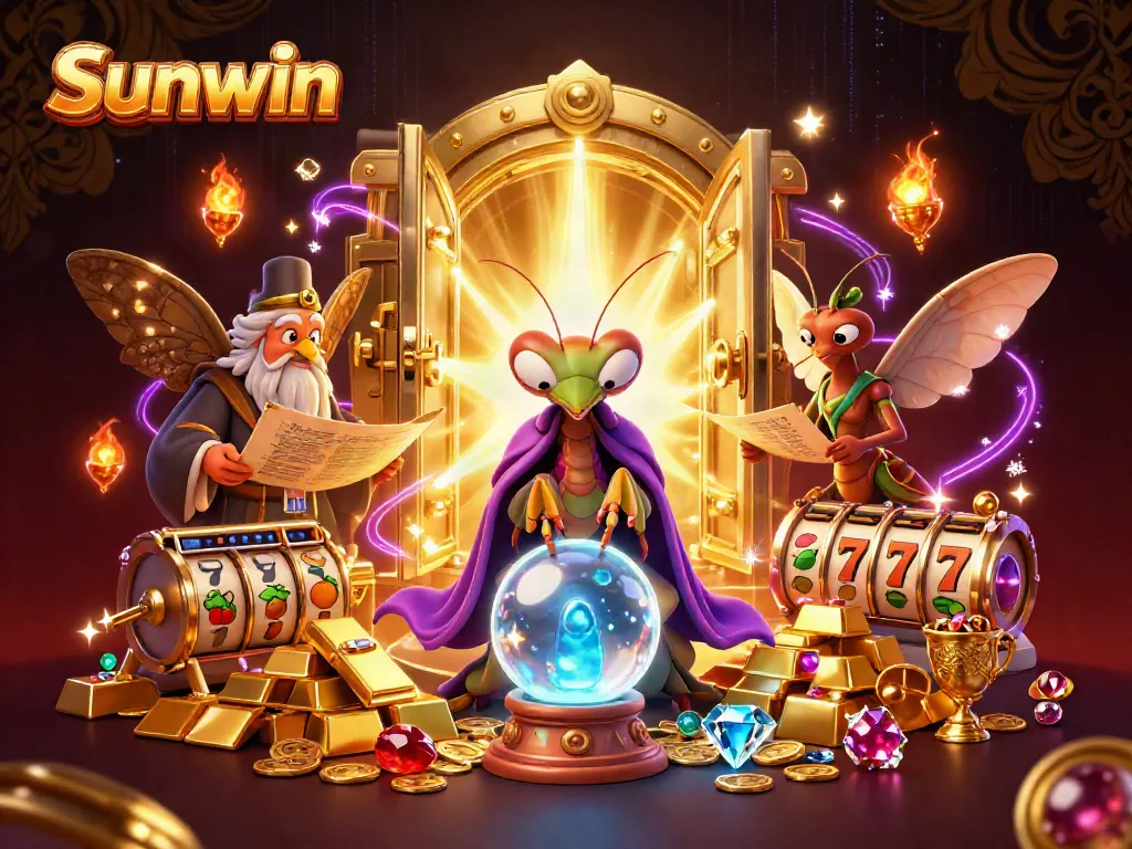 Sunwin casino illustration showcasing a fortune teller and librarian among glowing treasures and slot symbols.