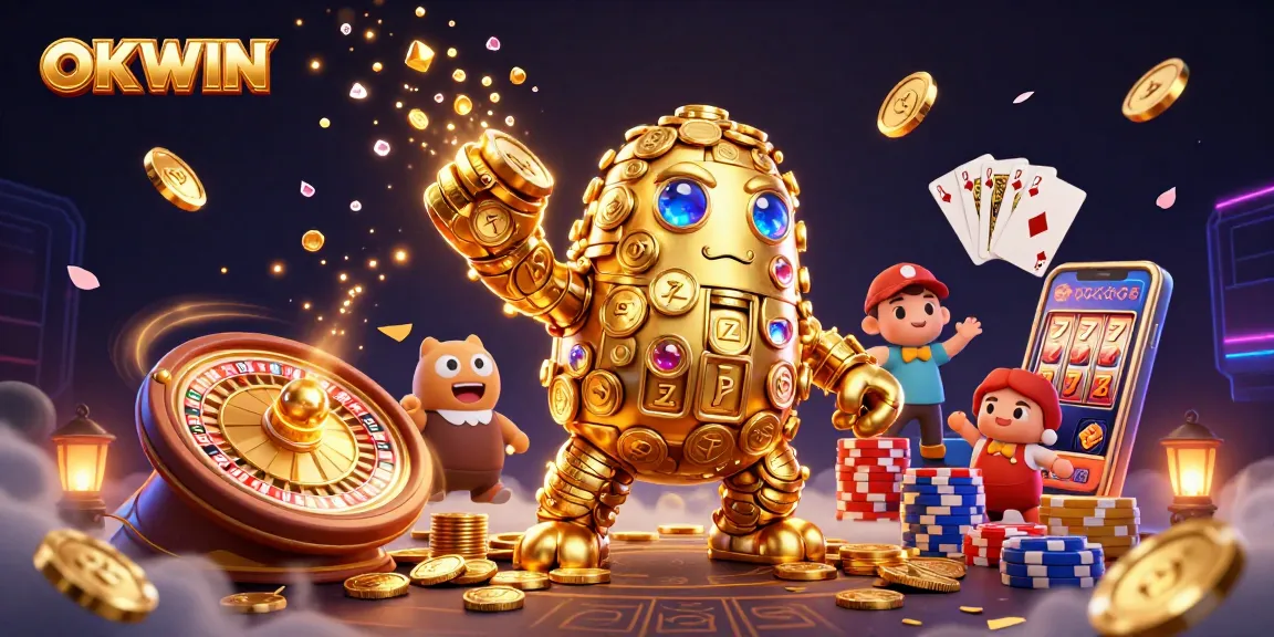 Experience winning with OKWIN, as golden coins and vibrant casino elements surround a magical golem.