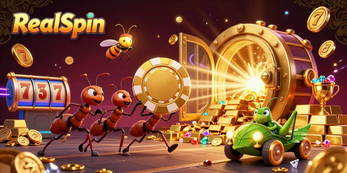 RealSpin ants performing a heist in a vibrant casino-themed environment surrounded by rich treasures.
