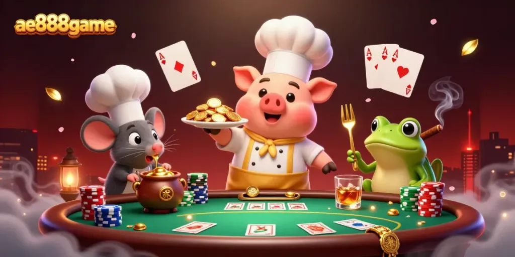 Winning big at ae888game with a lively casino scene featuring playful characters and rich gambling elements.