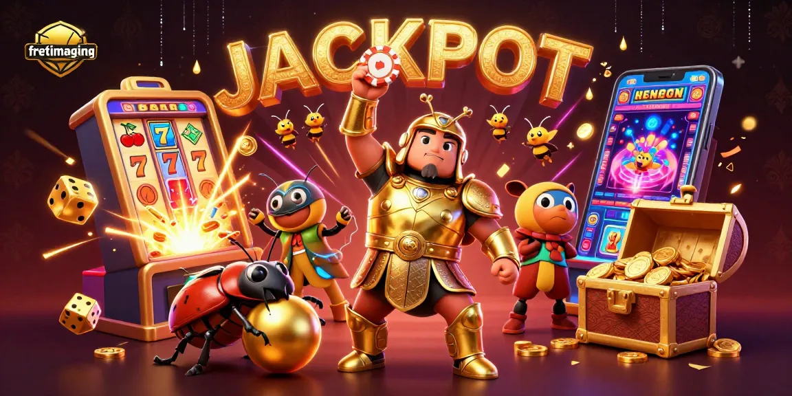 High-energy fretimaging scene with hercules beetle championing casino fun, jackpots, and vibrant game elements.