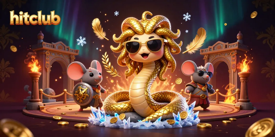 Hitclub's Medusa and warrior mouse celebrate in a vibrant casino atmosphere, showcasing golden coins and excitement.
