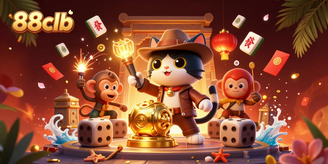 Experience thrilling 88clb gameplay with the vibrant illustration of a cartoon archaeologist cat discovering casino treasures.