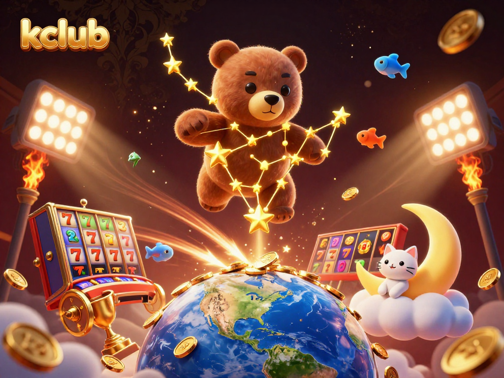 Experience kclub's vibrant slots and games with golden elements cascading in a dynamic 3D illustration.