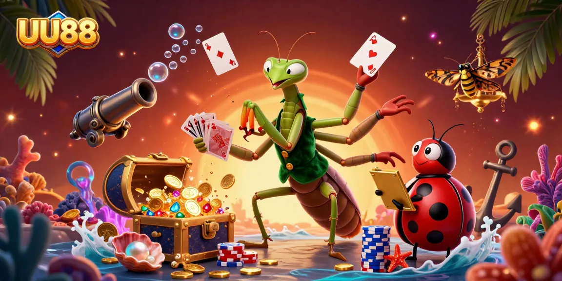 Experience the thrilling casino ambiance of UU88 with a dynamic scene of card sharp characters and vibrant gaming elements.