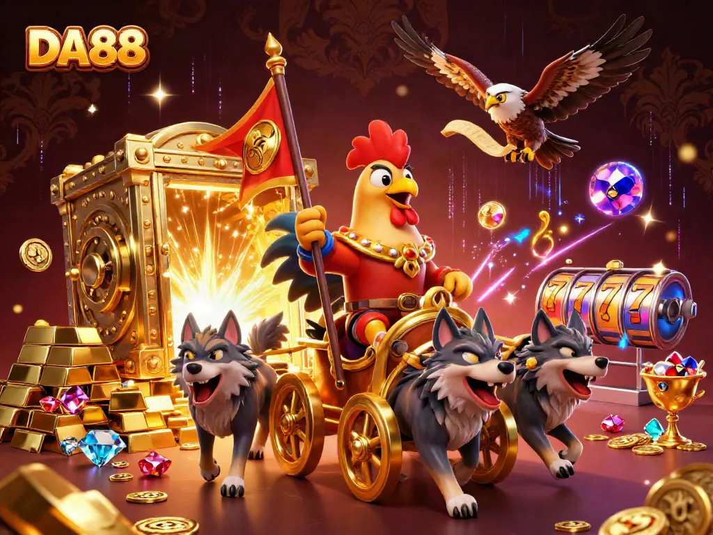 Experience DA88 with a golden war chariot scene surrounded by treasures and slot reels in this vibrant casino illustration.