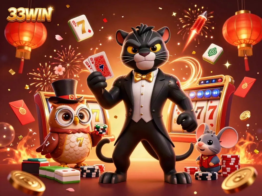 33WIN cartoon representation with characters engaging in casino excitement, featuring vibrant game elements.