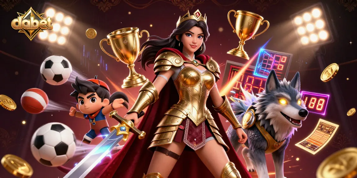 Win big with dabet's lively casino illustration featuring a warrior queen and sports elements.