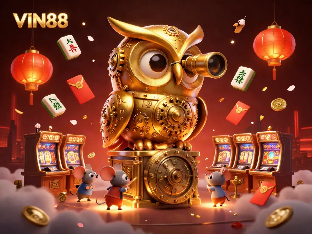 Experience thrilling action at VIN88 with a dynamic 3D casino illustration featuring a golden owl, slot machines, and vibrant gaming elements.