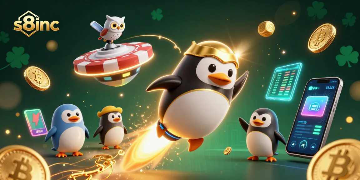 Experience exciting gameplay with s8inc's stunning 3D penguin character in a vibrant casino-themed scene.