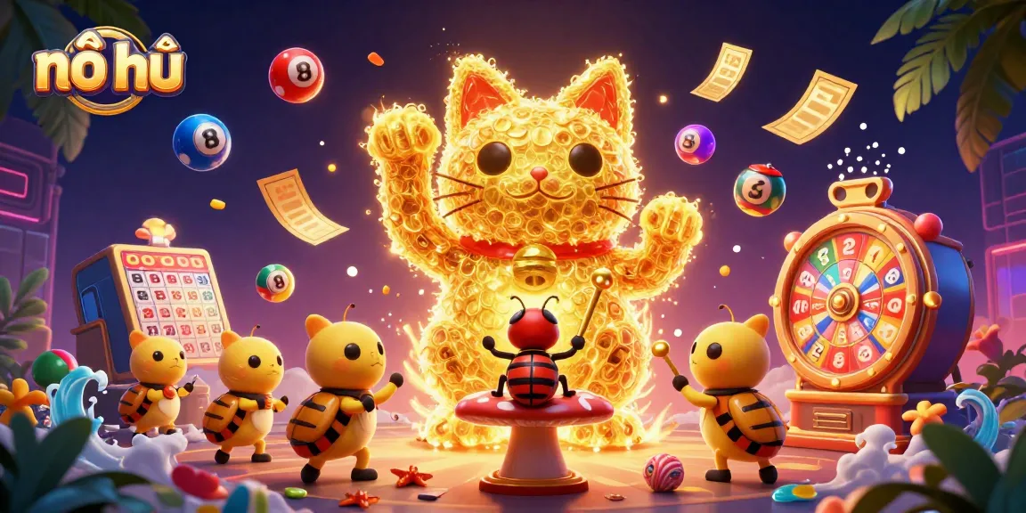 Experience thrilling nổ hũ action with the giant lucky cat amid vibrant casino symbols.