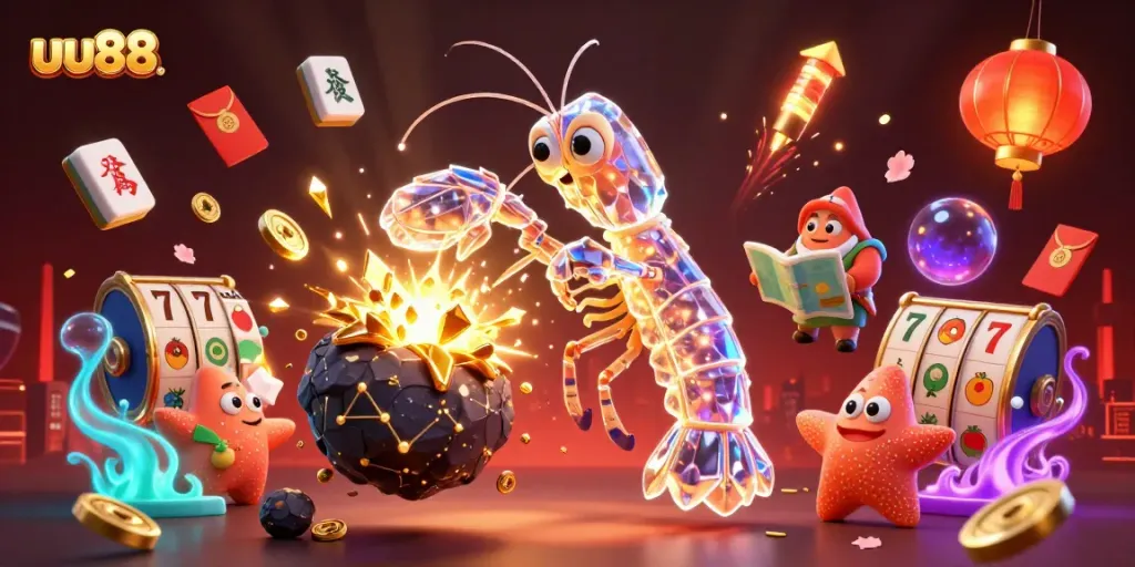 Engage with exciting casino thrills at uu88 featuring vibrant 3D characters, slot machines, and festive elements.
