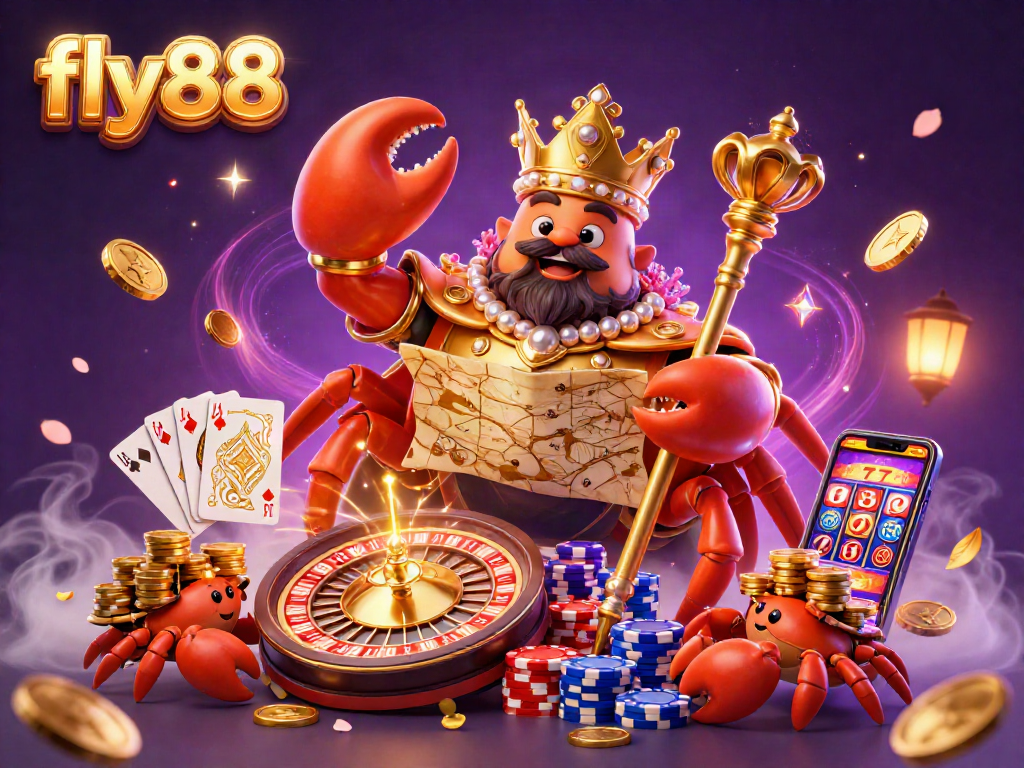 Experience the excitement of fly88 with a vibrant scene featuring a golden crab emperor surrounded by casino elements.