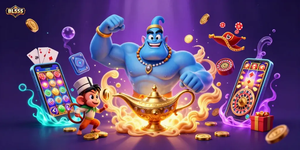 Players enjoy vibrant slots and jackpots at BL555 with a magical genie and poker chips.