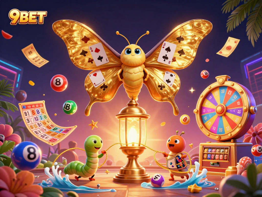 Engage in thrilling games at 9BET with colorful lottery balls and vibrant casino elements.