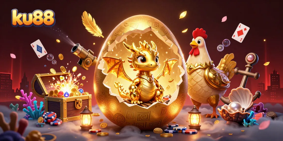 Experience thrilling adventures with ku88 featuring a baby dragon guarding poker chips amidst glittering treasures.