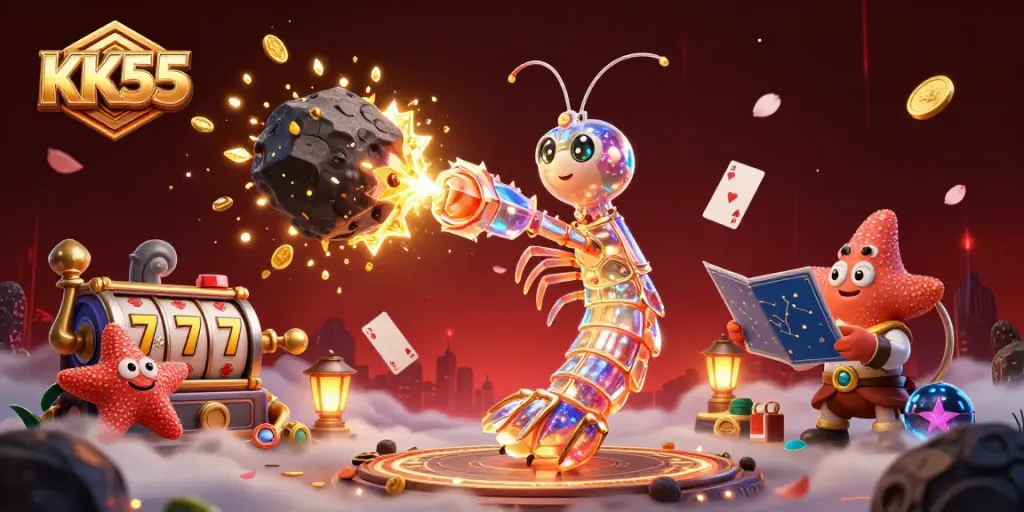 Play slots with KK55's cartoon galactic samurai in a vibrant casino adventure.