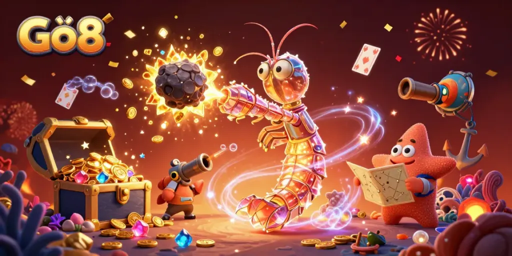 Experience Gô8's thrilling underwater gaming adventure with vibrant characters and dynamic elements.