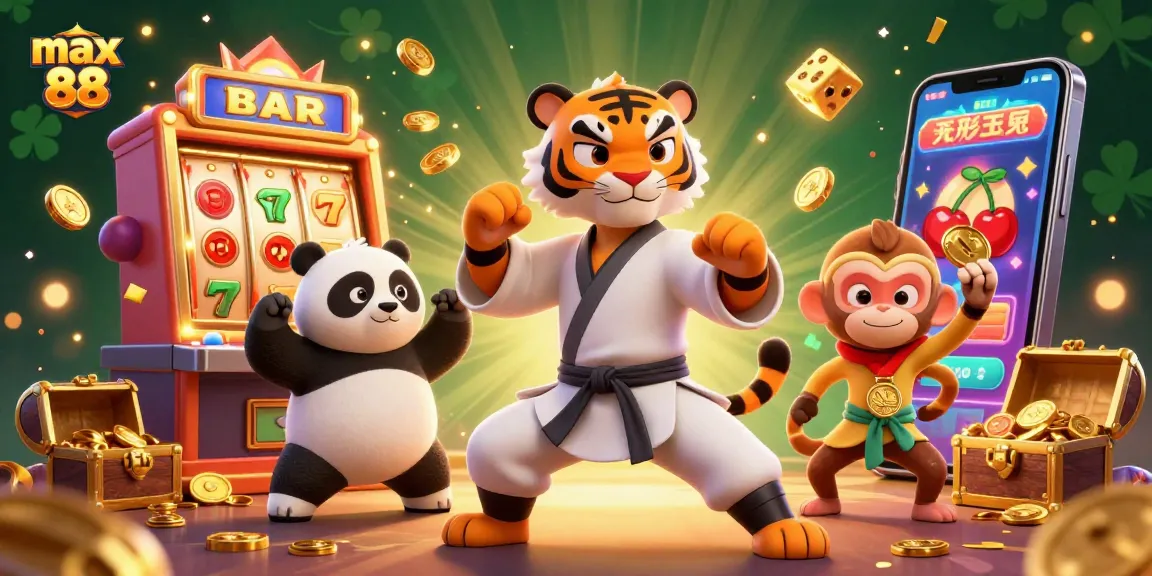 Max 88 illustrated scene with a kung fu tiger and panda at a slot machine, capturing the thrill of gaming.