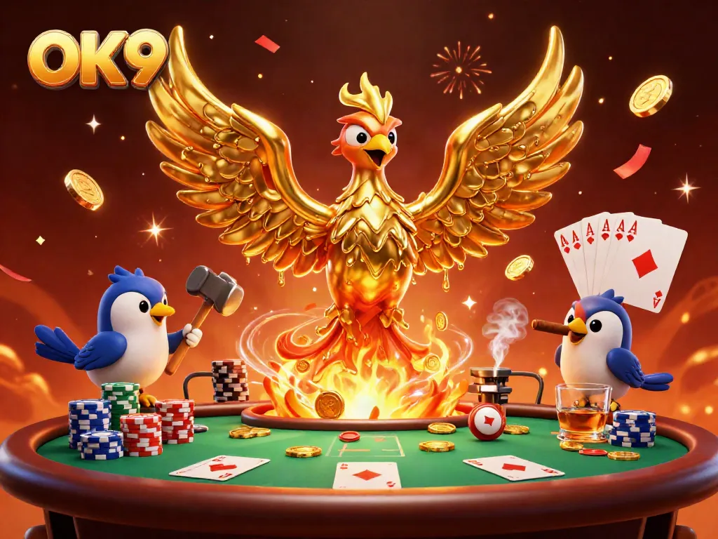 Experience the thrill of winning at OK9 Casino, featuring vibrant game elements and a majestic phoenix.
