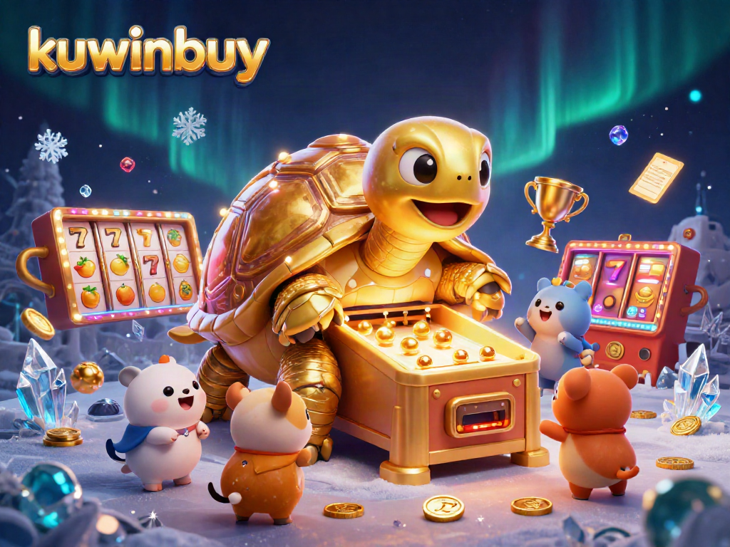 kuwinbuy showcases a lively 3D illustration of a golden tortoise pinball machine in action