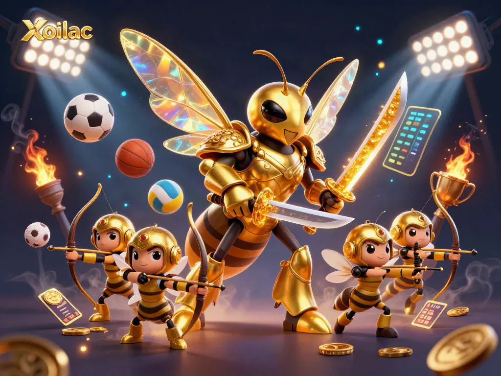 Xoilac showcases an energetic scene with a golden hornet in samurai armor surrounded by sports elements and action.