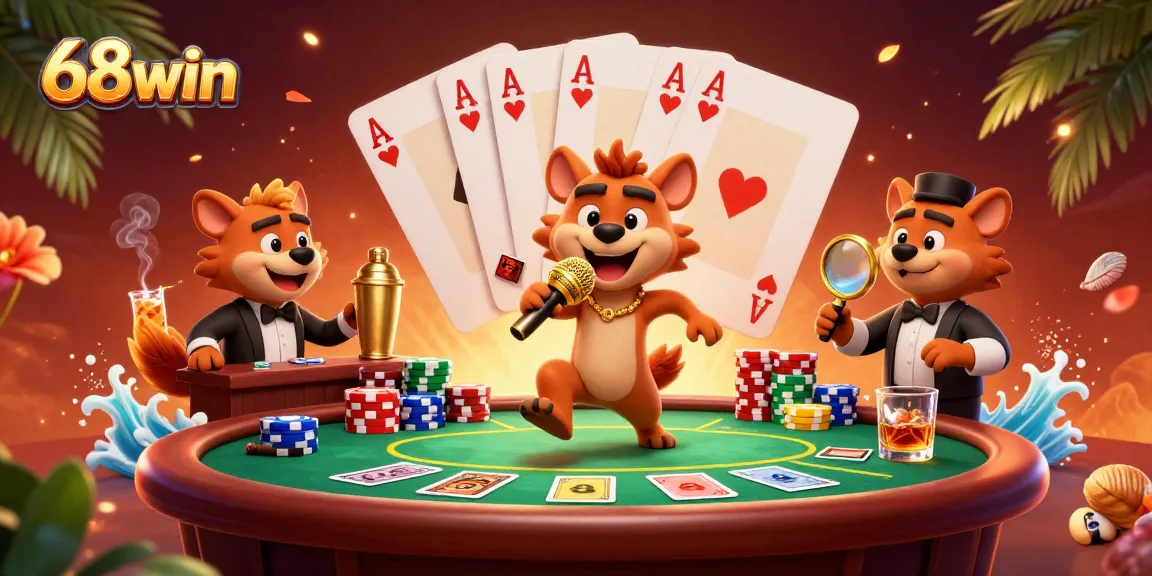 Experience the fun at 68win's casino with hyenas performing comedy, surrounded by games and vibrant elements.