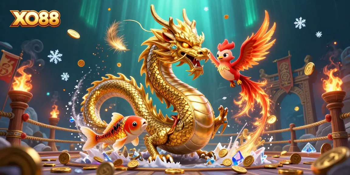 Spin to win with XO88's exciting games, featuring a dragon and phoenix in an immersive casino scene.
