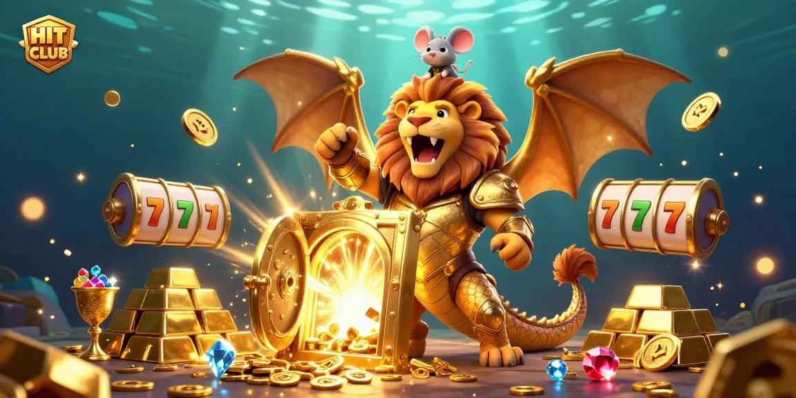 Experience the thrill of HIT CLUB with an epic win illustrated through a chimera and treasure in this vibrant scene.