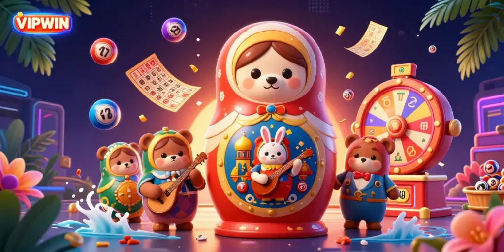 Experience the thrill of VIPWIN with a vibrant 3D scene featuring dynamic casino elements and playful characters.