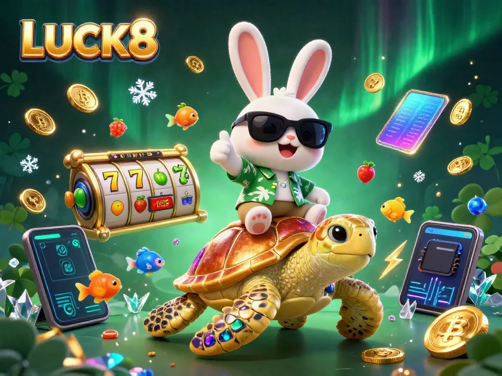 Play thrilling casino games with LUCK8, featuring a lucky rabbit and a golden sea turtle in vibrant 3D illustration.