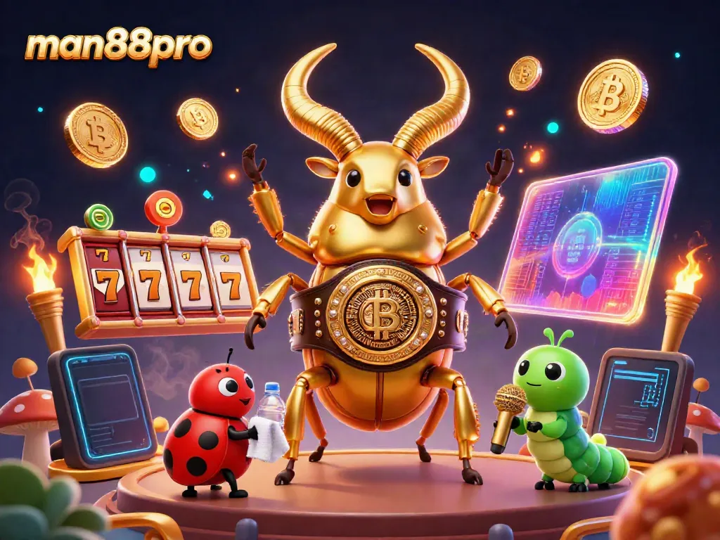 Engage in thrilling games at man88pro with a giant beetle boxing champion and vibrant casino elements.