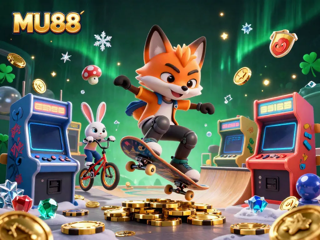 Experience thrilling gaming at MU88 with lively cartoon characters and vibrant casino elements.