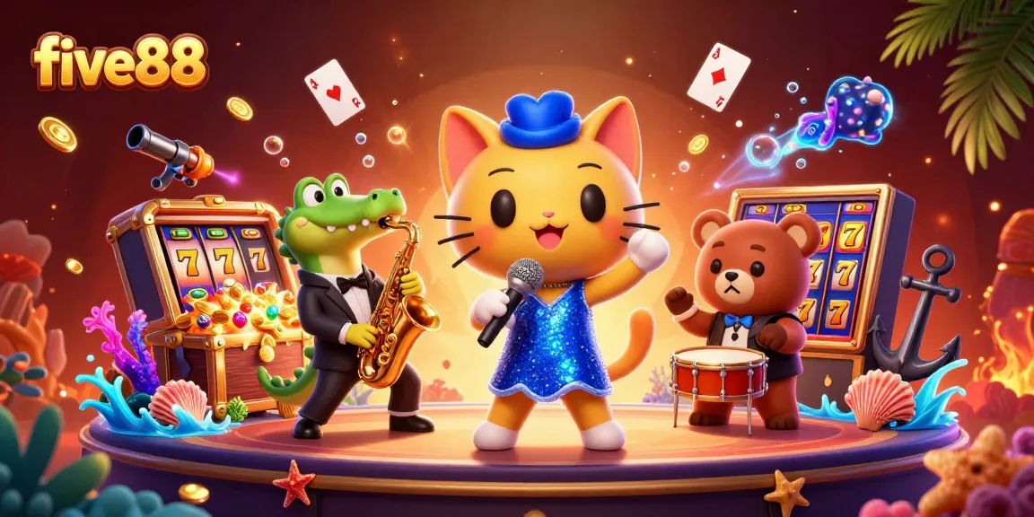 Experience winning with five88: a vibrant scene of casino characters and gaming elements.