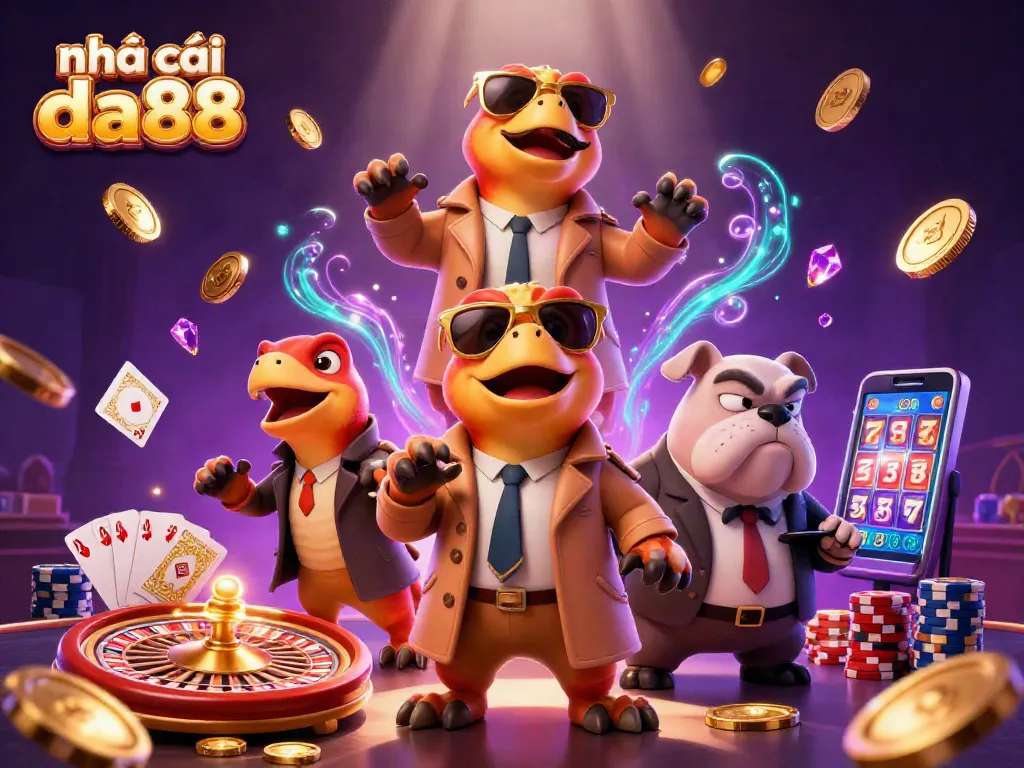 Experience excitement at nhà cái da88 with vibrant casino elements and playful raptors in a grand illustration.