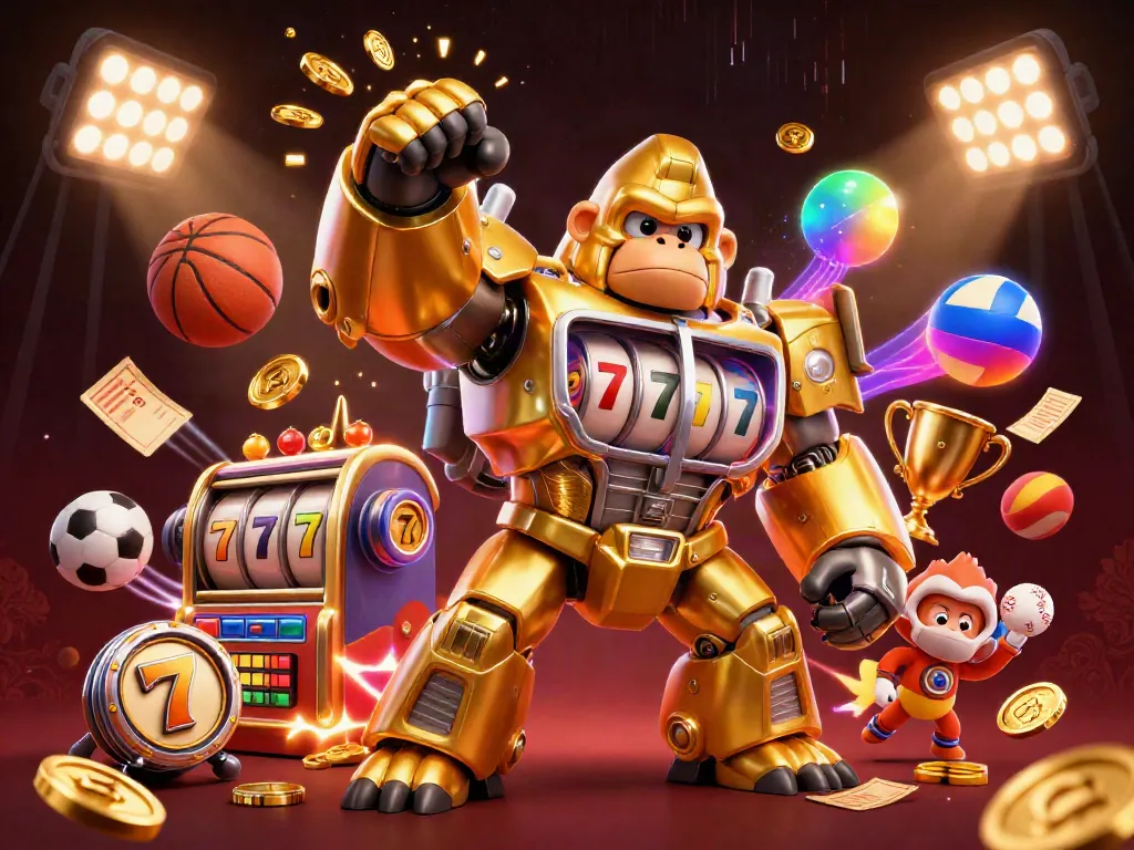 Experience excitement at FU99 with a dynamic golden gorilla mech and casino elements.